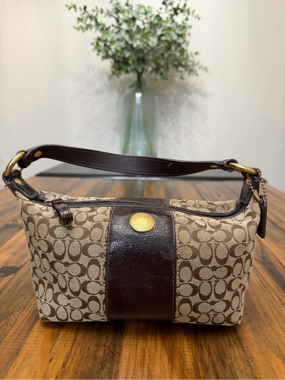 COACH Brown Signature Jacquard Shoulder Bag with Leather Trim